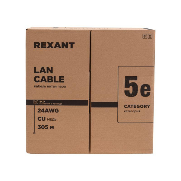 Кабель витая пара F/UTP кат.5E 4х2х0.52 24AWG PVC нг(А)-LS INDOOR SOLID сер. РФ (305м) Rexant 01-0141-R