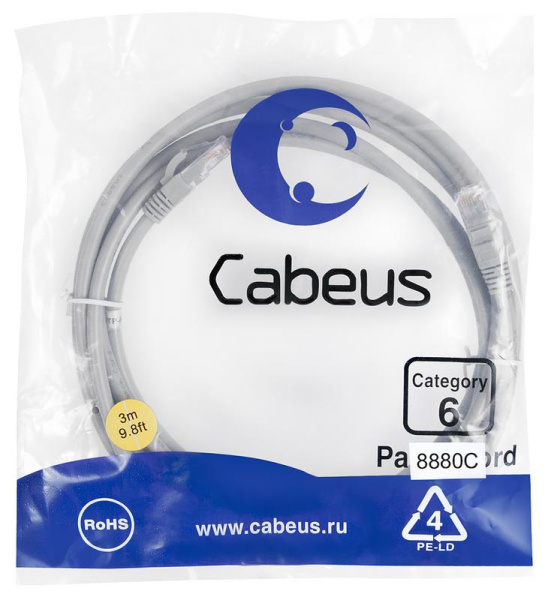 Патч-корд U/UTP кат.6 PC-UTP-RJ45-Cat.6-3m-LSZH 2xRJ45/8p8c неэкранир. LSZH 3м сер. Cabeus 8880c