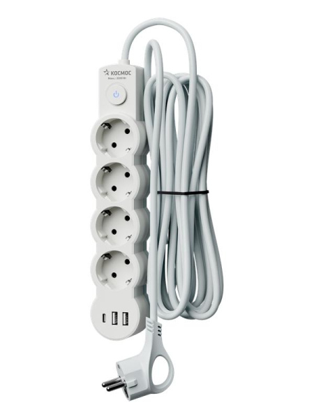 Удлинитель 4х3м с заземл. 10А IP20 USB type-Aх2 + type-C 2500Вт 220В ПВС 3х1 с выкл. бел. КОСМОС YKsm3m4g-Z-VU10А-W
