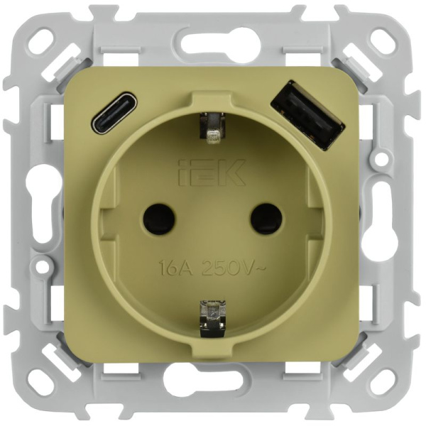 Розетка 1-м СП FLITE РСЮшс11-1-ФлО 16А с USB A+C 20Вт с заземл. с защ. шторками безвинтовое крепление механизм олив. IEK FI-R14-16-1-U22-020-K26