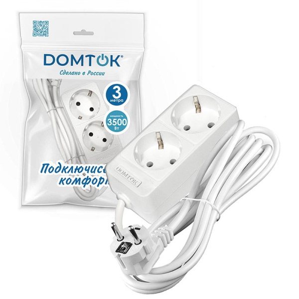 Удлинитель 2х3м с заземл. 16А IP20 3.5кВт ПВС 3х1 бел. DOMTOK 2386