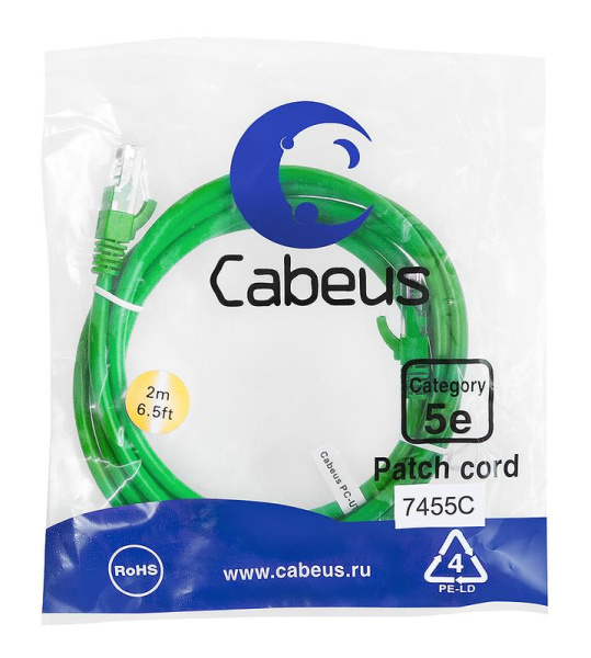 Патч-корд U/UTP кат.5E PC-UTP-RJ45-Cat.5e-2m-GN-LSZH 2xRJ45/8p8c неэкранир. LSZH 2м зел. Cabeus 9507c
