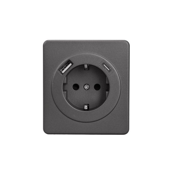 Розетка 1-м СП ROUND MIELE 16А с заземл. защ. шторки с USB A+C быстрой зарядки 5В/3А титан Kranz KR-78-0704-2