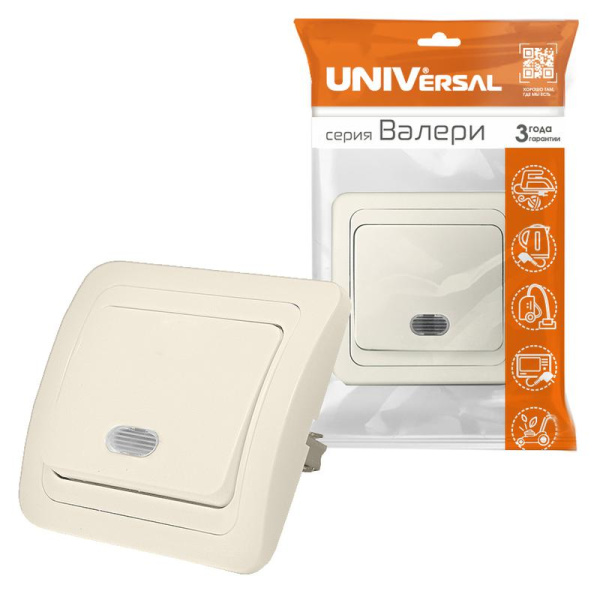 Выключатель 1-кл. СП Валери 10А IP20 с подсветкой сл. кость UNIVersal Б-В0121