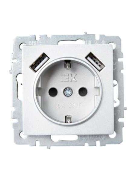 Розетка BRITE РЮш10-2-БрА 16А с USB A+A 3.1А с заземл. защ. шторки механизм алюм. IEK BR-R14-16-U21-D31-K47