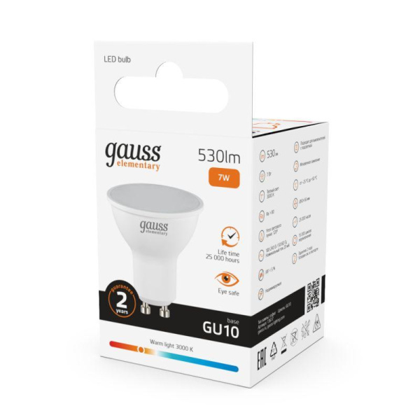 Лампа светодиодная Elementary 7Вт MR16 софит 3000К тепл. бел. GU10 530лм GAUSS 13617