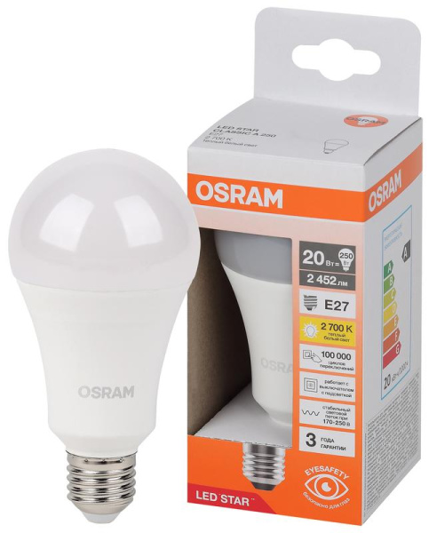 Лампа светодиодная LSCLA250 20W/827 230VFR LED Star 20Вт 2700К тепл. бел. E27 2452лм A угол пучка 180град. 170-250В (замена 250Вт) матов. пластик OSRAM 4058075695474