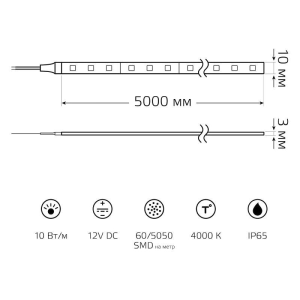 Лента светодиодная Basic 5050/60-SMD 10Вт/м 4000К нейтр. бел. IP65 700лм/м 12В 10мм (уп.5м) GAUSS BT053