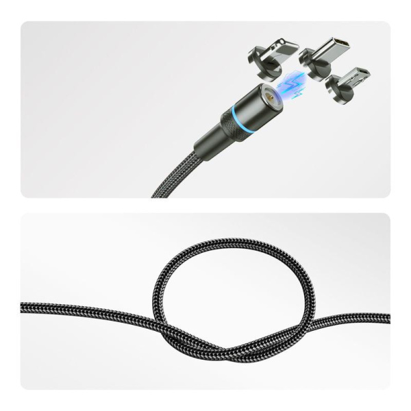 Кабель USB 3в1 со съемными магнитными портами Type-С (2А) Lightning (2.4А) Micro USB (2А) 1.2м черн. оплетка LED подсветка Rexant 18-7076