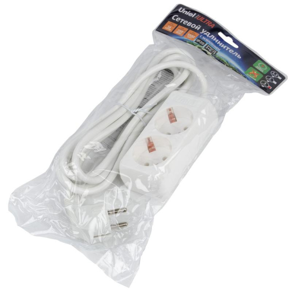 Удлинитель 2х3м с заземл. 16А Ultra S-GCU2-3 WHITE бел. Uniel UL-00009998