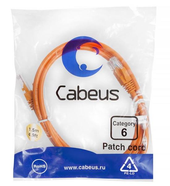 Патч-корд U/UTP кат.6 PC-UTP-RJ45-Cat.6-1.5m-OR 2xRJ45/8p8c неэкранир. PVC 1.5м оранж. Cabeus 8699c