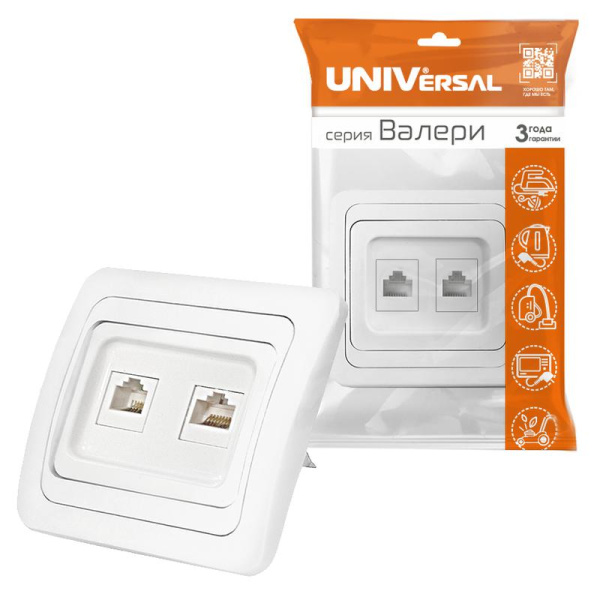 Розетка компьютерная + телефонная 2-м СП Валери бел. UNIVersal В0135
