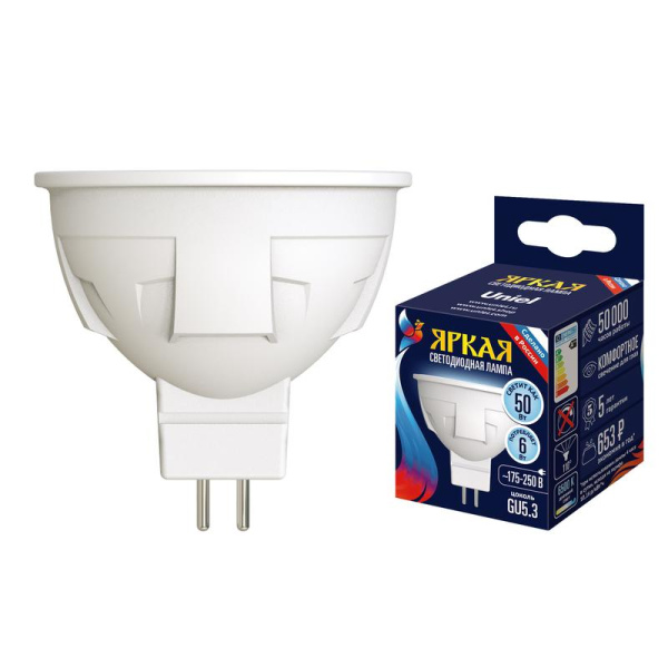 Лампа светодиодная LED-JCDR 6W/6500K/GU5.3/FR PLP01WH ЯРКАЯ 6Вт JCDR матовая 6500К дневной бел. свет GU5.3 картон Uniel UL-00011019