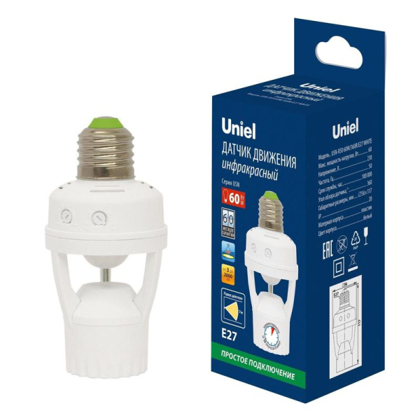 Датчик движения ИК USN-R50 60W/360R/E27 WHITE под лампу E27 7м 10с-5мин IP20 бел. Uniel UL-00009207