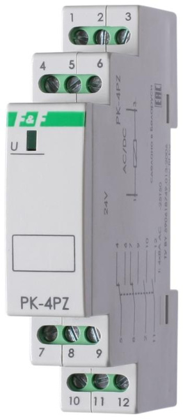 Реле промежуточное PK-4PZ (монтаж на DIN-рейке 35мм 12В AC/DC 4х8А 2P 2Z IP20) F&F EA06.001.014