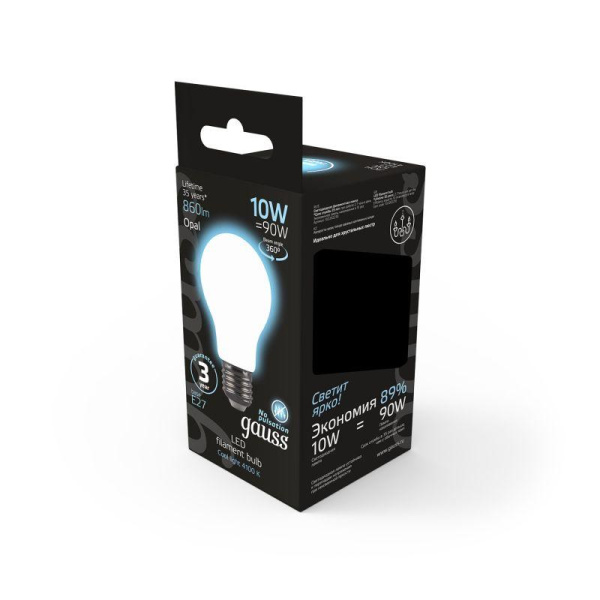 Лампа светодиодная филаментная Black Filament 10Вт A60 грушевидная матовая 4100К нейтр. бел. E27 860лм GAUSS 102202210