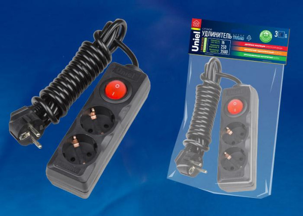 Удлинитель 2х3м с заземл. Standart S-GCD2-3B черн. Uniel UL-00003607