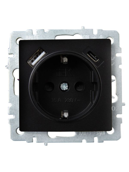 Розетка BRITE РЮш11-1-БрЧ 16А с USB A+C 18Вт с заземл. защ. шторки механизм черн. IEK BR-R14-16-U22-018-K02