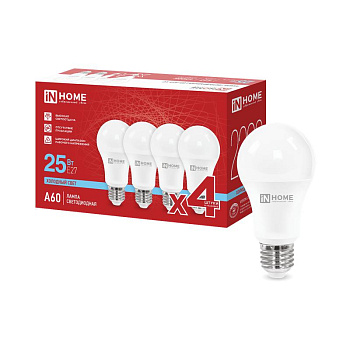 Лампа светодиодная LED-A60-VC 4PACK 25Вт грушевидная 6500К E27 2380лм 230В (уп.4шт) IN HOME 4690612063089