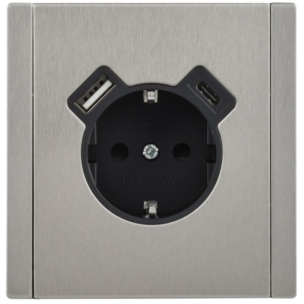Розетка 1-м СП FORTE&PIANO FP747M 16А IP20 USB A+C 18Вт с заземл. защ. шторки винтовое крепление никель IEK FP-R14-16-U22-018-M-K50