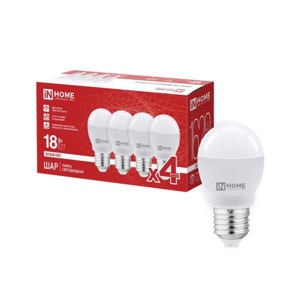 Лампа светодиодная LED-ШАР-VC 4PACK 18Вт шар 4000К E27 1620лм 230В (уп.4шт) IN HOME 4690612066776
