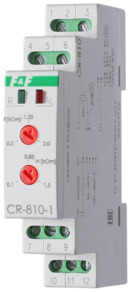 Реле температурное CR-810-1 (Для защ. электродвиг. от перегрева; монтаж на DIN-рейке; сопротив. петли датч. при превыш. темп. 600…3500Ом; регул. гистерезис; PTC (в компл. не поставляется) 24-127В/127-420В AC/DC 1NO/NC 16А) F&F EA05.002.002