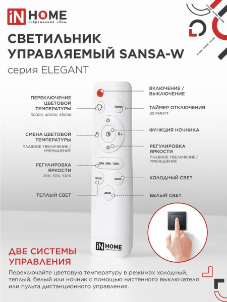Светильник светодиодный ELEGANT SANSA-W 60Вт 3000-6500К 4700лм 230В 600х400х75мм с пультом ДУ бел. IN HOME 4690612043326