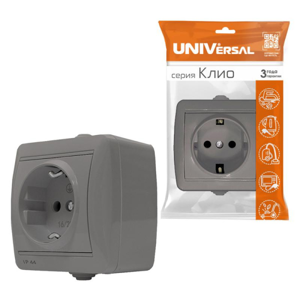 Розетка 1-м ОП Клио 16А IP44 с заземл. сер. UNIVersal К2228-Gr