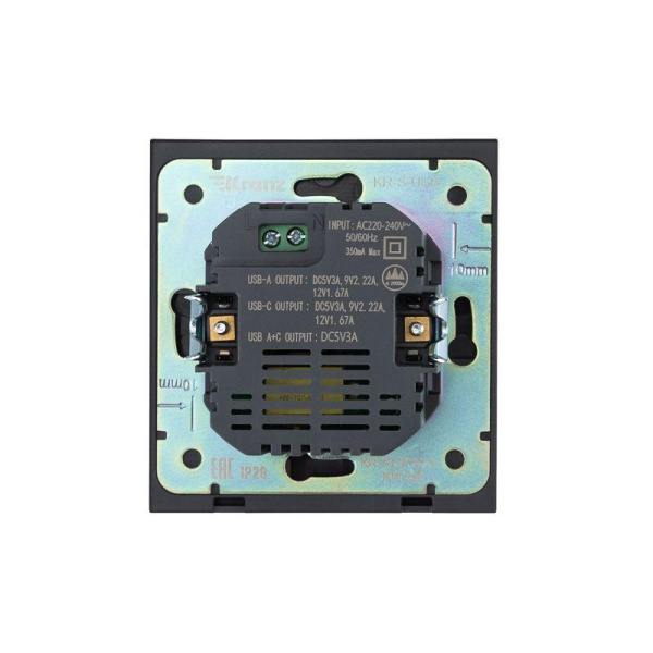 Розетка 2-м СП STRONG 16А IP20 USB-A + Type-C 3А с функцией быстрой зарядки антрацит Kranz KR-78-0734-5