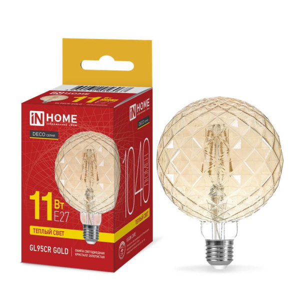Лампа светодиодная филаментная LED-GL95СR-deco gold кристалл золотистая 11Вт 230В E27 3000К 1040лм IN HOME 4690612056067
