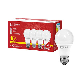 Лампа светодиодная LED-A60-VC 4PACK 15Вт грушевидная 3000К E27 1430лм 230В (уп.4шт) IN HOME 4690612063041