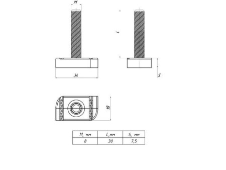 Болт Т-образный STRUT М8х30 EKF sttbm8x30