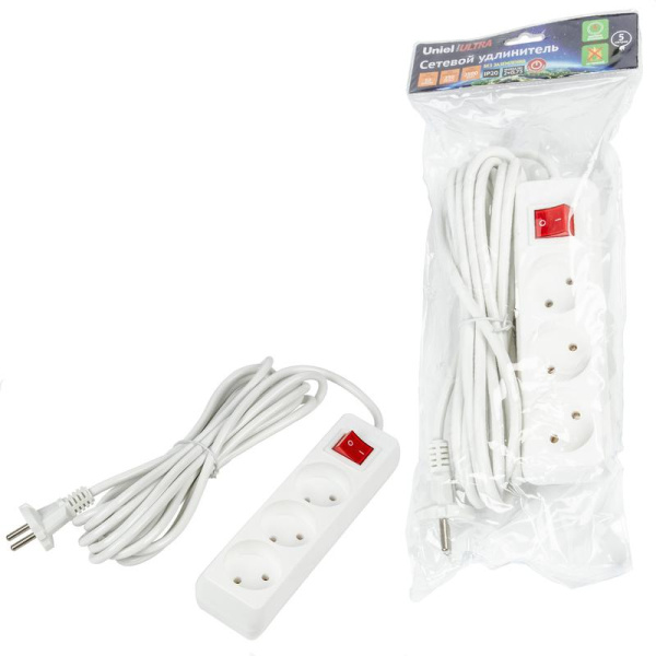 Удлинитель 3х5м без заземл. 10А Ultra S-CU3-5B WHITE бел. Uniel UL-00009996