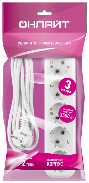 Удлинитель 5х3м с заземл. 16А IP20 90 801 OPE-S-05-300-E-3x1 бел. ОНЛАЙТ 90801