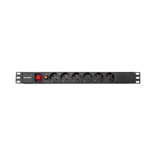 Блок распределения питания PDU 6 розеток СЕЕ 7/4 Schuko 16А фильтр выкл. вилка СЕЕ 7/7 горизонт. шнур 2м корпус алюм. Rexant 04-0102-1
