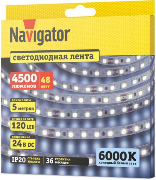 Лента светодиодная 95 296 NLS-2835CW120-9.6-IP20-24V (уп.5м) Navigator 95296