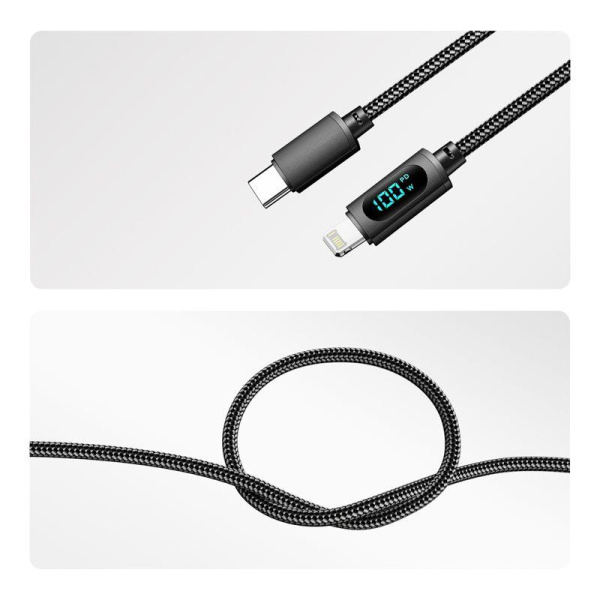 Кабель Type-C-Lightning для Apple 3А 1м черн. нейлон. оплетка LED дисплей Rexant 18-7068