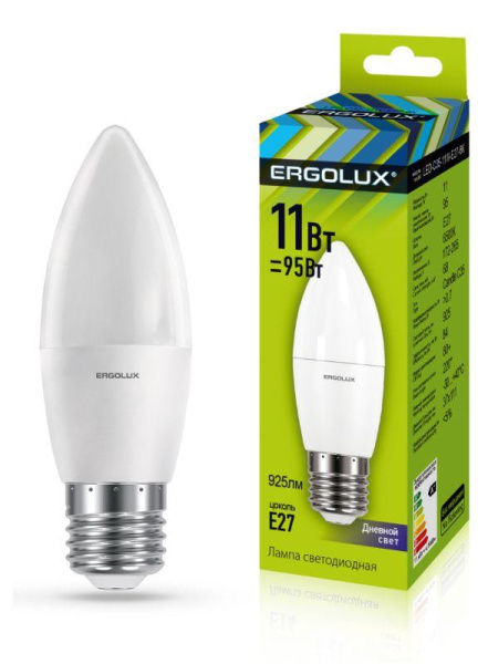 Лампа светодиодная LED-C35-11W-E27-6K 11Вт свеча матовая 6500К холод. бел. E27 220-240В Ergolux 13623