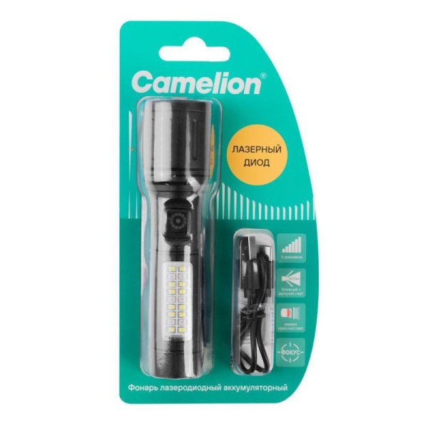 Фонарь аккумуляторный LED29365 3.7В LD+12SMD+6RED 6 реж. Type-C блист. черн. Camelion 16217
