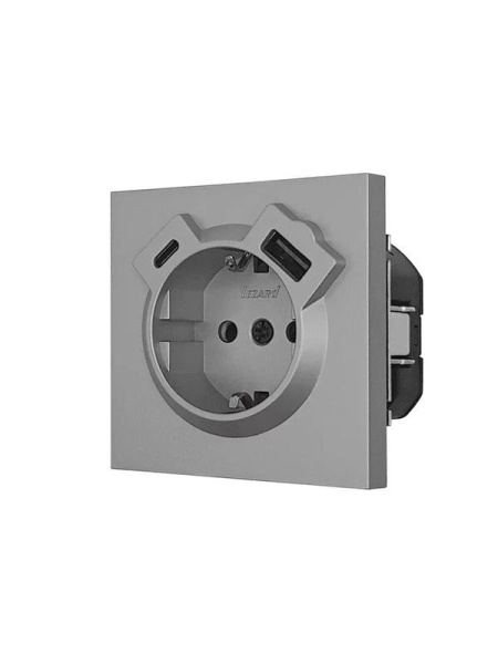 Розетка 1-м СП ZIMA IP20 Type-C + USB с заземл. механизм сер. матов. LEZARD 704-7488-181TC