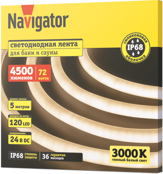 Лента светодиодная 95 678 NLS-03 (2835-WW120-14.4-IP68-24V-sauna) для бани и сауны IP68 (уп.5м) Navigator 95678