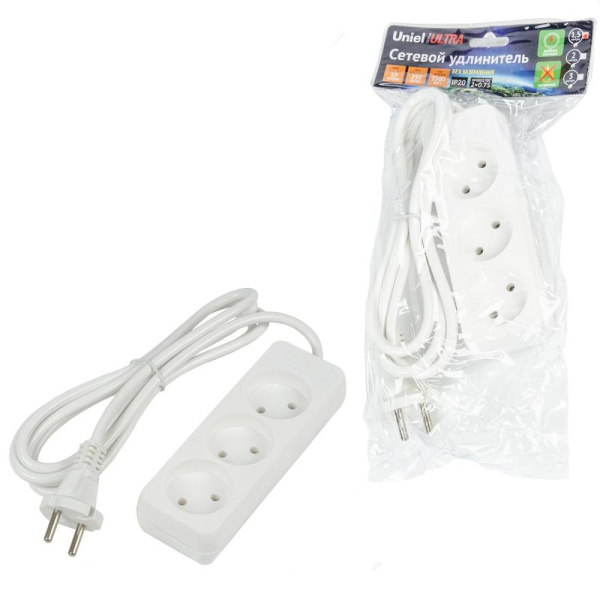 Удлинитель 3х1.5м без заземл. 10А Ultra S-CU3-15 WHITE бел. Uniel UL-00009979