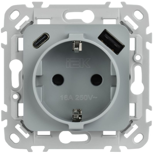 Розетка 1-м СП FLITE РСЮшс11-1-ФлС 16А с USB A+C 20Вт с заземл. с защ. шторками безвинтовое крепление механизм сер. IEK FI-R14-16-1-U22-020-K03