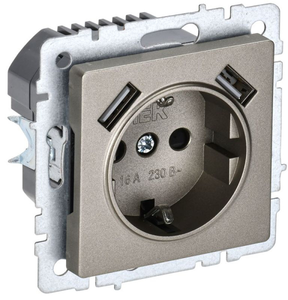 Розетка BRITE РЮш10-2-БрШ 16А с USB A+A 3.1А с заземл. защ. шторки механизм шампань IEK BR-R14-16-U21-D31-K37