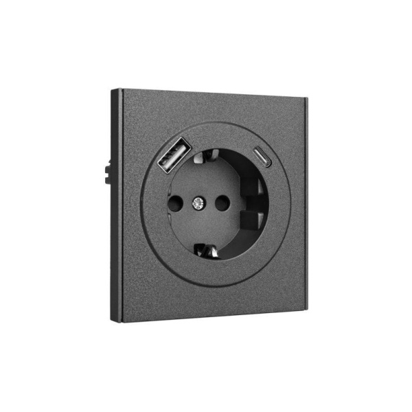Розетка 1-м СП STRONG MIELE 16А с заземл. защ. шторки с USB A+C быстрой зарядки 5В/3А графит Kranz KR-78-0704-6