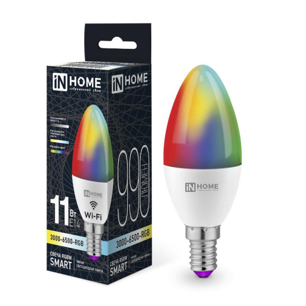 Лампа светодиодная LED-СВЕЧА-RGBW-SMART 11Вт 3000-6500К E14 990лм 230В димм. IN HOME 4690612050041