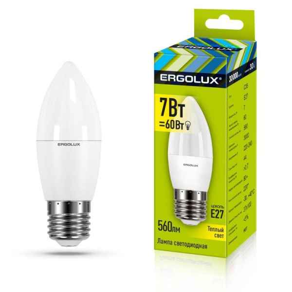 Лампа светодиодная LED-C35-7W-E27-3K 7Вт свеча матовая 3000К тепл. бел. E27 220-240В Ergolux 13297