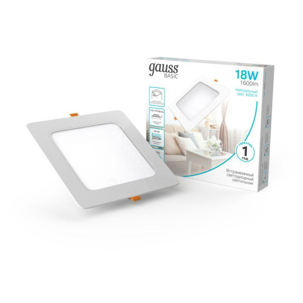 Светильник светодиодный Basic Downlight 18Вт 4000К IP20 1600лм 170х26 170-260В монтаж. квадрат бел. 1/60 GAUSS 9031420218