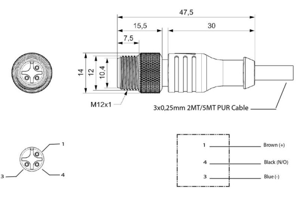Кабель соединительный 5м со штепселем M12х4 ПУ IP68 EMAS SKM12F4YXP5