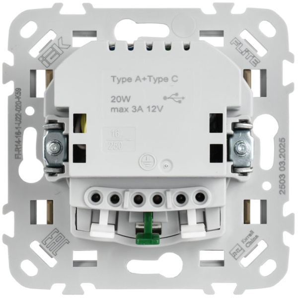Розетка 1-м СП FLITE РСЮшс11-1-ФлХ 16А с USB A+C 20Вт с заземл. с защ. шторками безвинтовое крепление механизм хаки IEK FI-R14-16-1-U22-020-K59